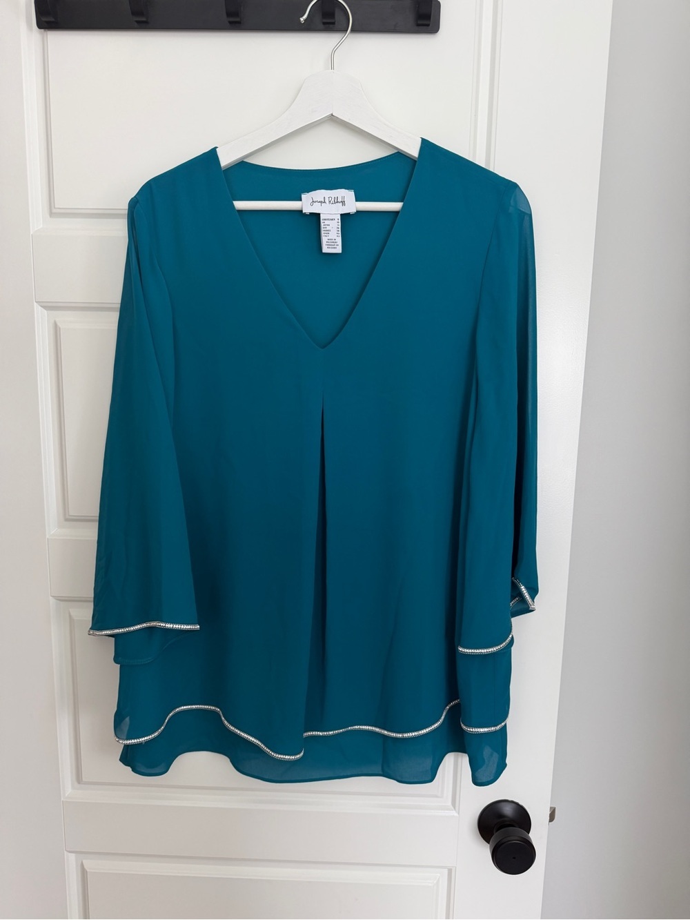 Joseph Ribkoff Teal V-Neck Layered Chiffon Tunic